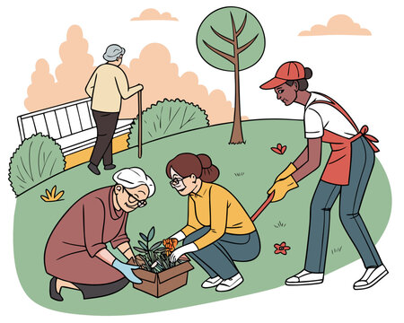 Volunteers helping senior citizens with gardening in the park on a sunny day