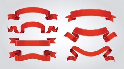 Collection of Red Decorative Ribbons and Banners in Elegant Curved Shapes
