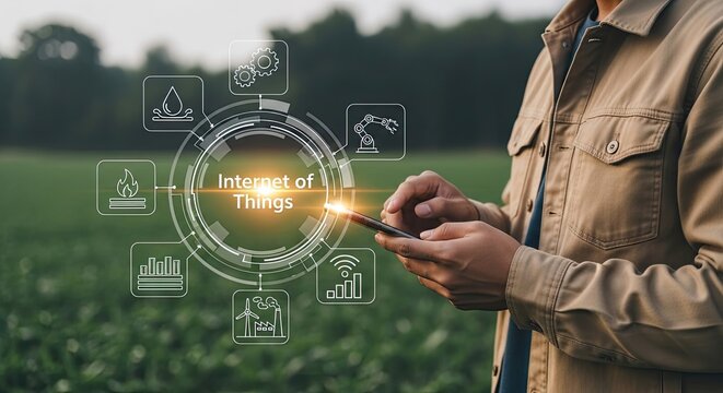 Farmer using smart technology to manage iot data in green field