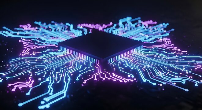 Futuristic Neon Chip with Glowing Circuit Traces on Dark Background