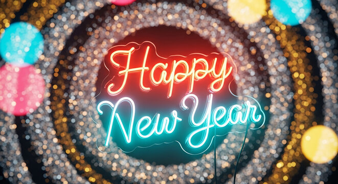 Vibrant Happy New Year neon sign against a sparkling glitter and bokeh background for festive holiday celebrations
