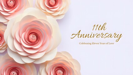 Elegant floral arrangement featuring delicate pink roses and a golden inscription celebrating an 11th anniversary, symbolizing luxury and enduring love isolated on white background