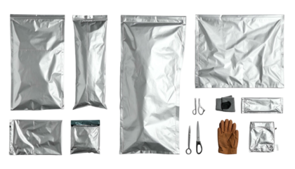 Overhead view of assorted silver, sealed bags with scissors, and gloves on a white background