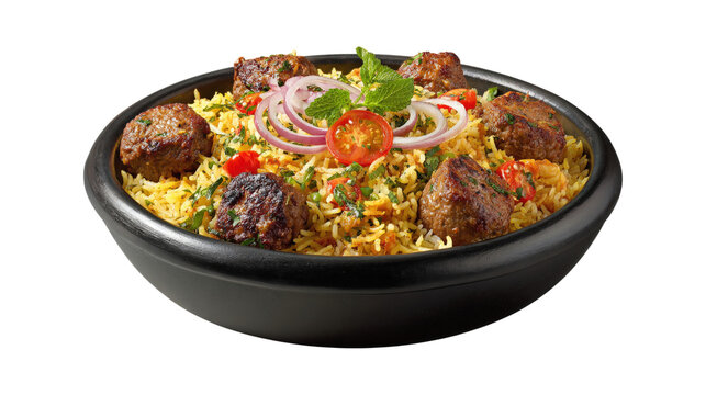 A bowl of meat and rice with a garnish of parsley