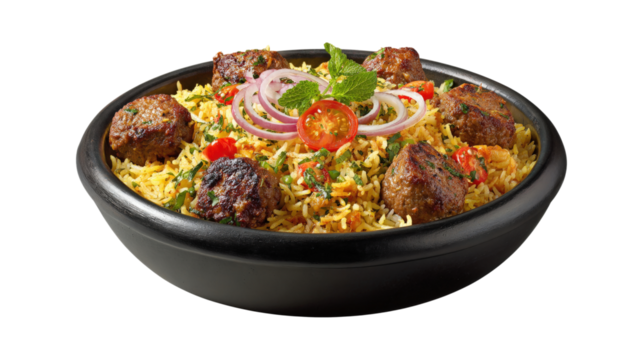 A bowl of meat and rice with a garnish of parsley