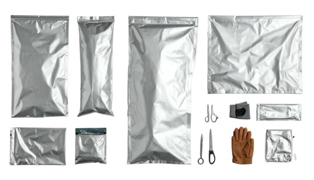 Overhead view of assorted silver, sealed bags with scissors, and gloves on a white background