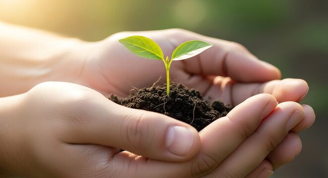 Hand holding young plant with soil, symbolizing growth and environmental care