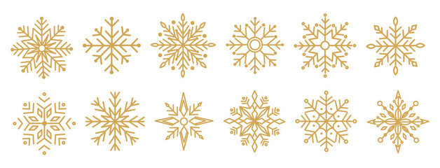 Golden snowflakes set. Elegant winter decoration for Christmas and New Year design. Festive seasonal symbols in minimal flat style. Vector illustration isolated on white background.