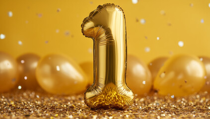  A golden balloon shaped like the number one. The background is a bright yellow with sparkling bokeh effects.