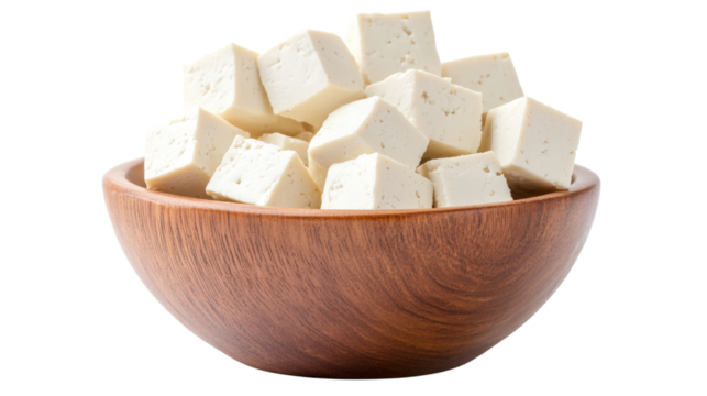 A bowl of white tofu is sitting on a white background 