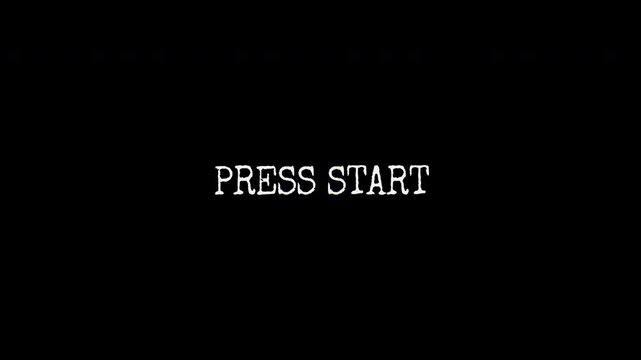 Press start animated text with glitch distortion effect on black background. Web banner for streamers. Video Game industry. Gaming concept.