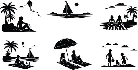 Black silhouette beach scenes illustration, tropical vacation, family leisure, palm trees, sailboat, umbrella, children playing, summer holiday, coastal relaxation design