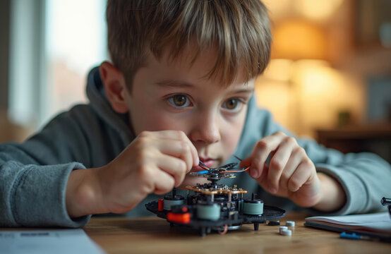 Boy works on drone at home. Puts propeller on quadcopter. Kid engineering, repairs device. Home study concept. Child develops hand skills. Likes technical hobbies. Innovation, learning, school