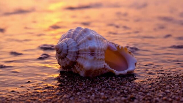 A beautiful conch shell rests on the sandy beach at sunset with soft waves