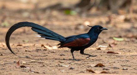 A male greater coucal bird walking on the ground with its long tail feathers raised up