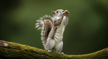 Squirrel holding a nut while standing on a mossy branch in a forest setting