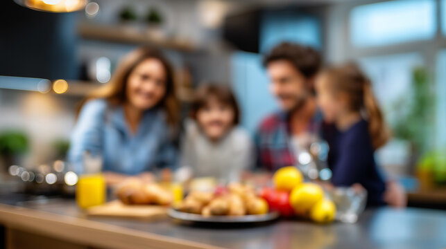 Defocused kitchen background where laughter fills the space, only blurred outlines of the family visible, with copy space