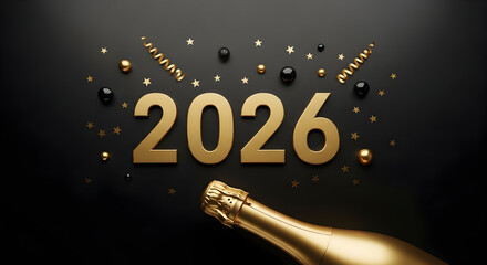 Golden 2026 number with champagne bottle and confetti on black background for new year