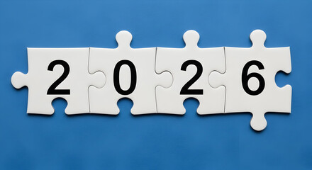 2026 year written on puzzle pieces on blue background for new year concept