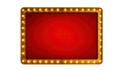 Rectangular frame with glowing yellow bulbs against a dark background, a vibrant red center