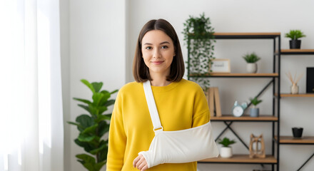 Smiling woman with broken arm in cast standing in living room at home and looking at camera