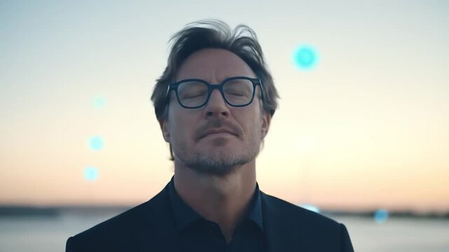 Thoughtful man with glasses looking ahead with digital elements at twilight