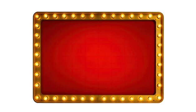 Rectangular frame with glowing yellow bulbs against a dark background, a vibrant red center