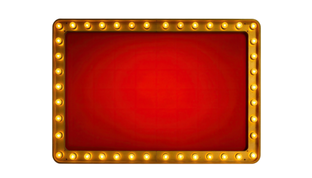 Rectangular frame with glowing yellow bulbs against a dark background, a vibrant red center