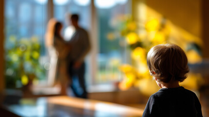Obraz premium Defocused scene of parents in the background while a child’s silhouette plays near a bright window, warm tone and soft depth, with copy space
