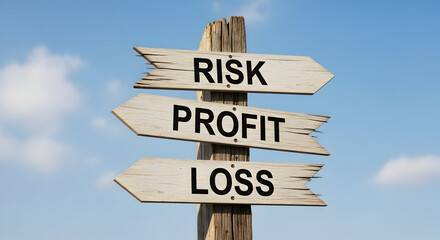 Wooden signpost showing risk, profit and loss against a blue sky with clouds