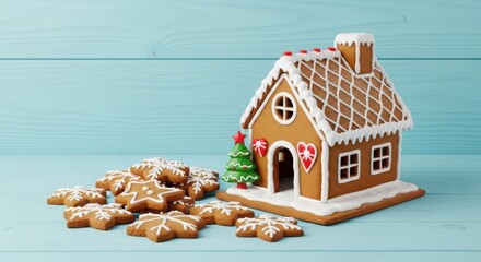Festive gingerbread house with star cookies on blue background