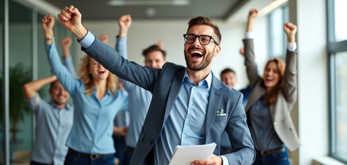 Diverse business team celebrates success raising arms in air. People cheer with joy and excitement after achieving a goal. Colleagues show happiness and unity in office setting.