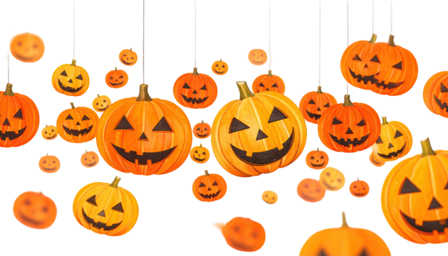 A collection of cheerful orange pumpkins carved with smiling faces, hanging from black threads