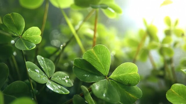 Close view of fresh green clover leaves with raindrops in a natural setting during daylight