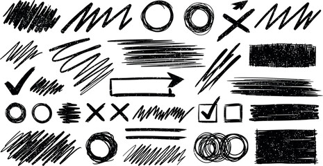 Collection of hand drawn black ink scribbles lines circles crosses checkmarks and arrows on white background