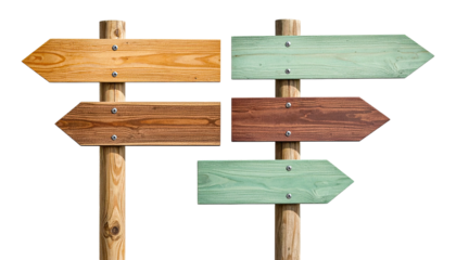 Wooden directional signs with multiple arrow-shaped planks, indicating choices or pathways