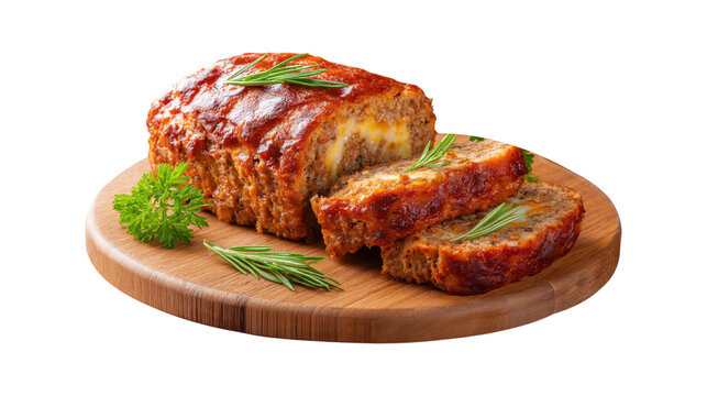 A large meatloaf is cut into slices and served on a wooden cutting board