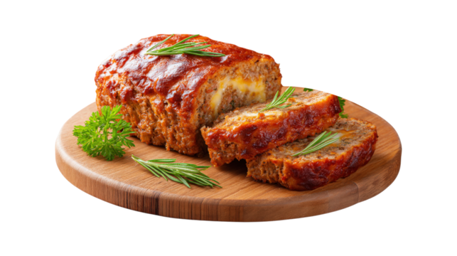 A large meatloaf is cut into slices and served on a wooden cutting board