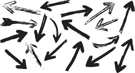 Grunge style brush stroke arrow shapes collection indicating forward backward and curved movement for artistic directional signage