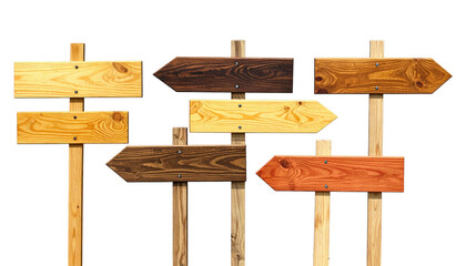Assortment of arrow-shaped wooden directional signs in various wood tones against black