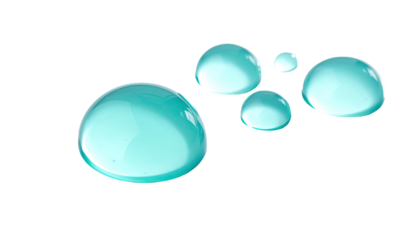 Close-up of several translucent, turquoise water droplets against a black background
