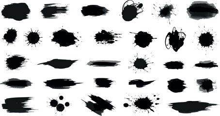 Collection of abstract black ink splatters and brush strokes on a white background