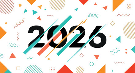 Vibrant and abstract geometric pattern with the year 2026 in bold black typography