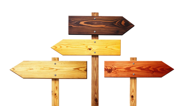 Wooden directional signs with various stain colors and arrow shapes, set against a black background