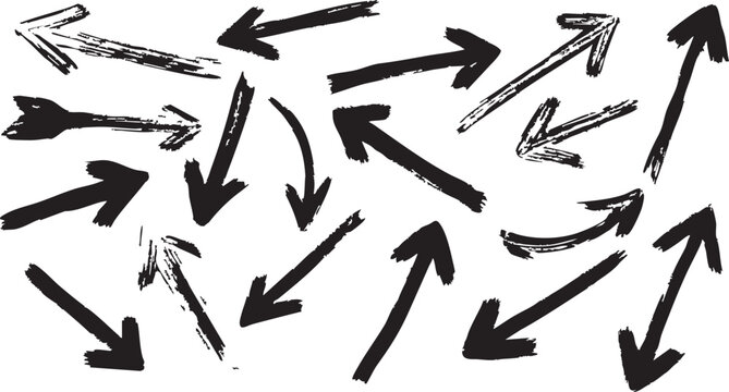 Grunge style brush stroke arrow shapes collection indicating forward backward and curved movement for artistic directional signage