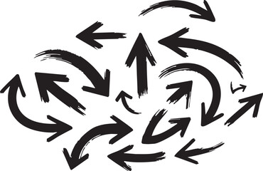 Chaotic arrangement of black hand drawn arrows showing swirling motion flow and complex directional paths on isolated background