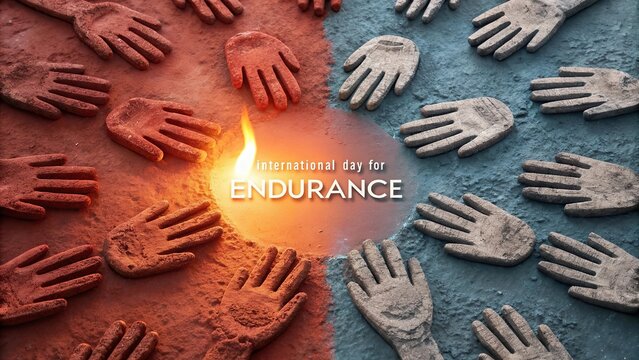 A symbolic abstract artwork of clay hand forms arranged in a circular motion representing endurance unity and human connection through vibrant modern composition.