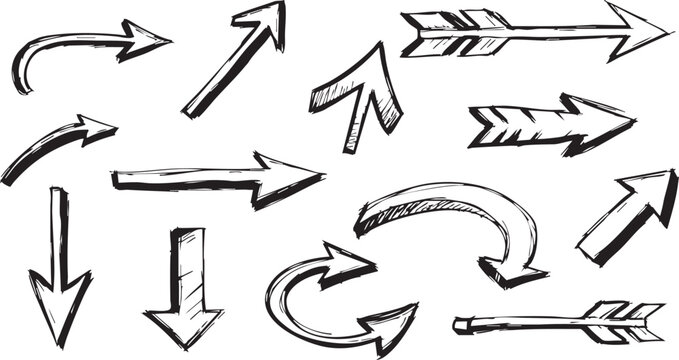 Detailed collection of hand drawn pointer arrows including various angular and curved shapes for comprehensive navigation designs