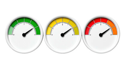 Three circular gauges depict green, yellow, and red zones, illustrating different levels