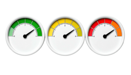 Three circular gauges depict green, yellow, and red zones, illustrating different levels